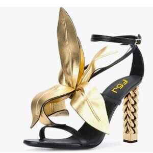 FSJ Black-winemill Gold Metal Chain Chunky High Heels Ankle Strap Sandals